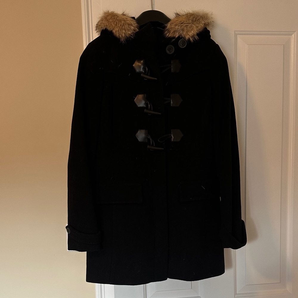 Andrew Marc Black Pea Coat with Fur Trimmed Hood